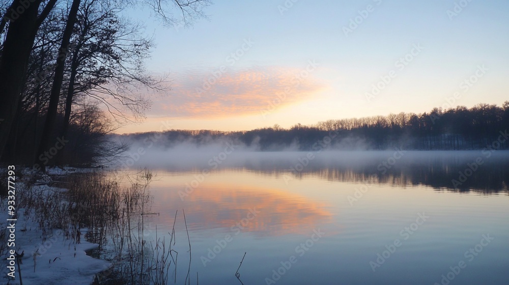 a lake with a foggy sunrise, with trees on the shore and snow on the ground. a lake with a foggy sunrise, with trees on the shore and snow on the ground.