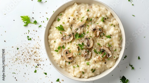 A bowl of mushroom risotto with parsley and cheese