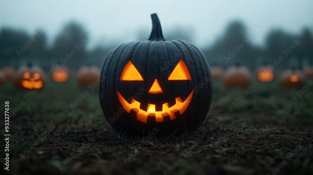 Spooky Haunted Pumpkin Patch with Glowing Eerie Pumpkins and Swirling Mist - Halloween Atmosphere Background with Copy Space Spooky Haunted Pumpkin Patch with Glowing Eerie Pumpkins and Swirling Mist - Halloween Atmosphere Background with Copy Space