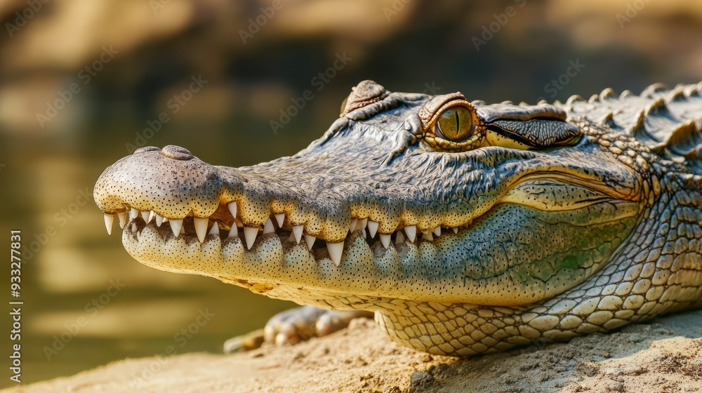 Obraz premium A close-up of a crocodile's face, revealing its sharp teeth and textured scales.