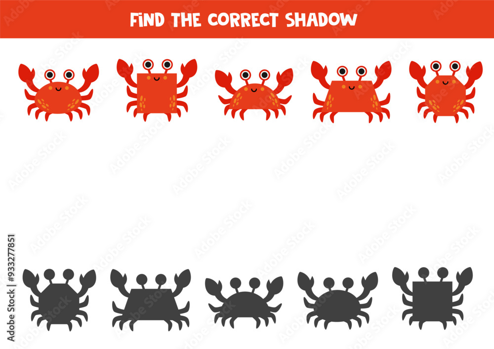 Obraz premium Find the correct shadows of cartoon geometrical crabs. Logical puzzle for kids.