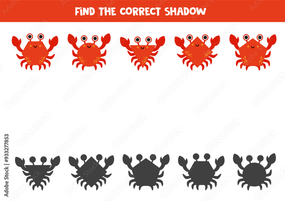 Find the correct shadows of cartoon geometrical crabs. Logical puzzle for kids. Find the correct shadows of cartoon geometrical crabs. Logical puzzle for kids.