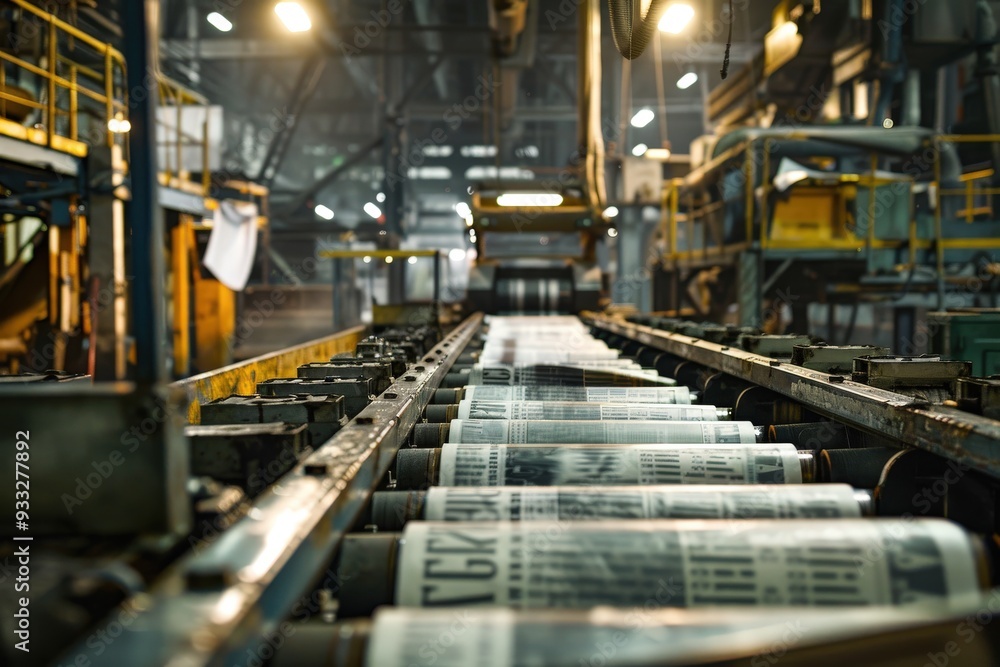 A factory with a conveyor belt that is filled with newspapers A factory with a conveyor belt that is filled with newspapers