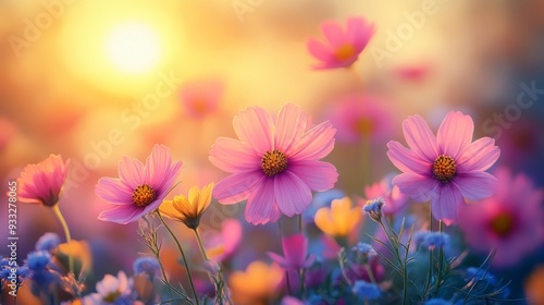 Scenic meadow with vibrant autumn wildflowers at sunset