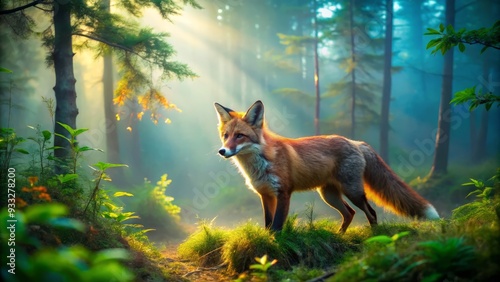 Misty blue morning light filters through forest canopy as crimson fox pads silently through misty forest clearing with vibrant green undergrowth photo