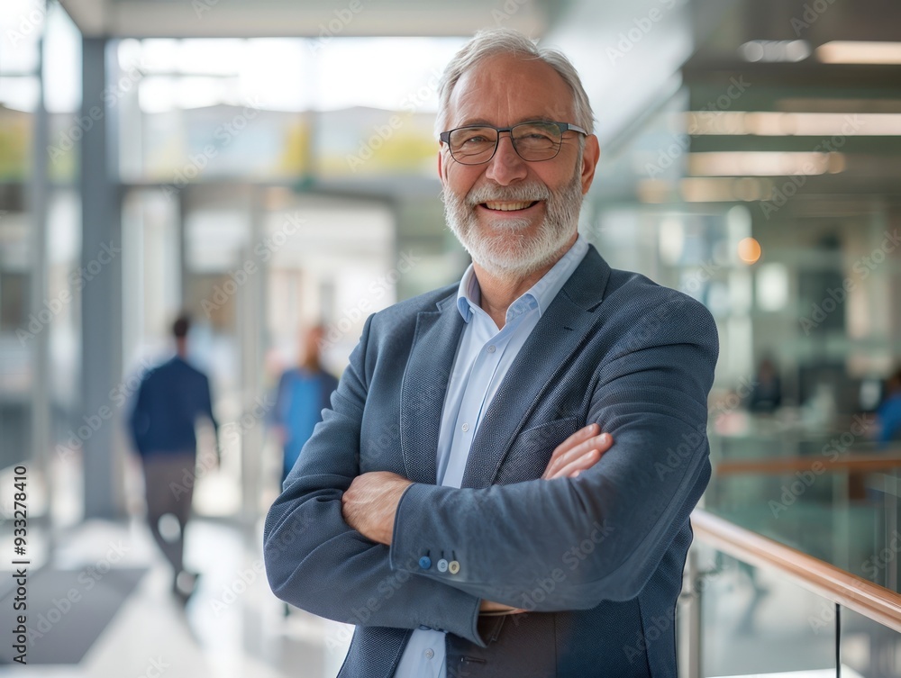 Happy senior businessman standing with arms crossed in modern office, blurred background, people walking, professional quality. Happy senior businessman standing with arms crossed in modern office, blurred background, people walking, professional quality.
