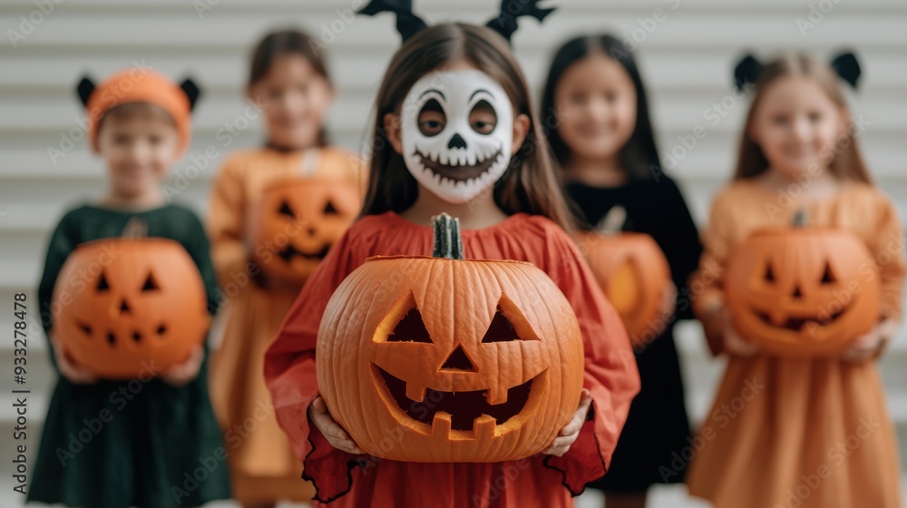 Fototapeta premium Spooky Kids in Monster Costumes with Carved Pumpkins for Halloween Celebration, Copy Space for Text, Ultra HD
