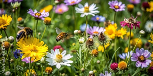 Vibrant wildflowers of yellow, pink, and purple bloom in a lush green meadow, attracting busy bees as they fly from flower to flower collecting nectar.