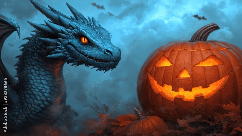 Spooky Halloween Dragon with Pumpkin Head Flying Over Eerie Landscape, Copy Space for Text, Ultra HD Spooky Halloween Dragon with Pumpkin Head Flying Over Eerie Landscape, Copy Space for Text, Ultra HD