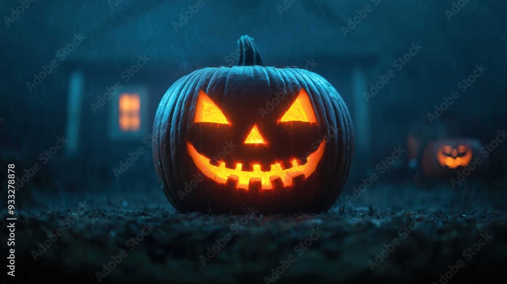 Illuminated Pumpkin Spirit Emerging on Halloween Night with Copy Space for Text, Selective Focus in Ultra HD Illuminated Pumpkin Spirit Emerging on Halloween Night with Copy Space for Text, Selective Focus in Ultra HD