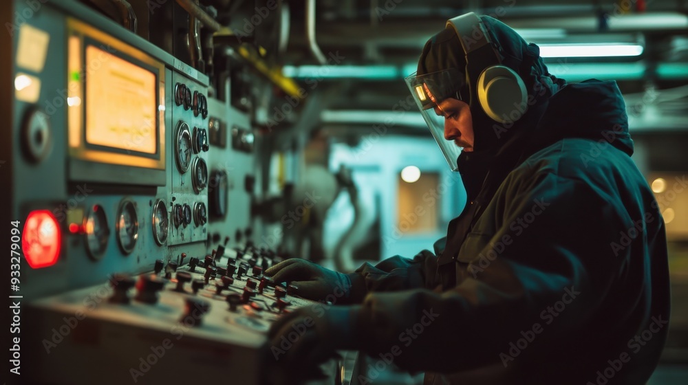 Gas worker in full protective gear monitoring equipment in an industrial setting with focus on safety and precision operations Gas worker in full protective gear monitoring equipment in an industrial setting with focus on safety and precision operations