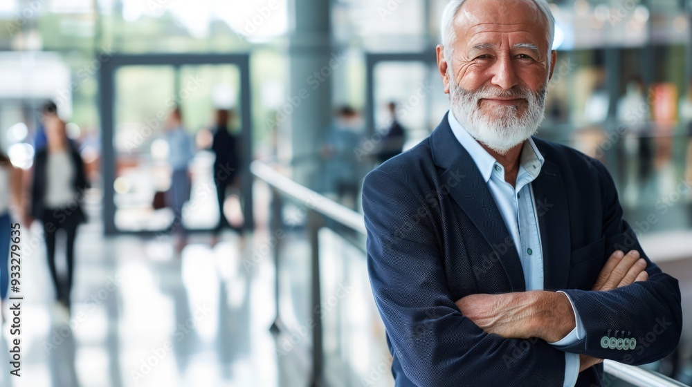 Happy senior businessman standing confidently with arms crossed, sleek office, people walking behind, professional photo. Happy senior businessman standing confidently with arms crossed, sleek office, people walking behind, professional photo.