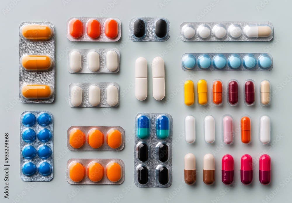 Flat lay of diverse pills and packaging on isolated background Flat lay of diverse pills and packaging on isolated background