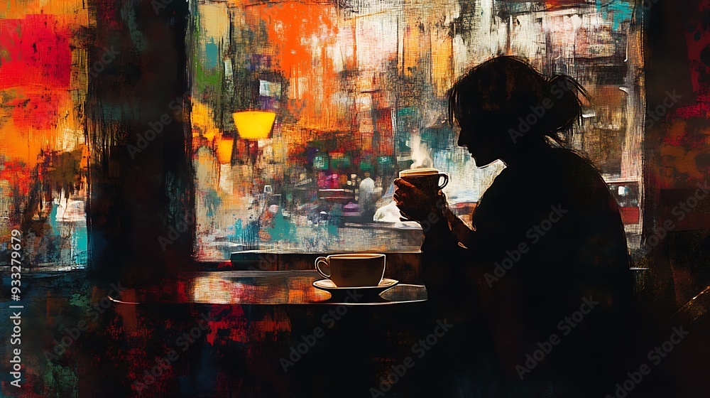 Silhouetted Woman Enjoying Coffee in a Cafe Silhouetted Woman Enjoying Coffee in a Cafe