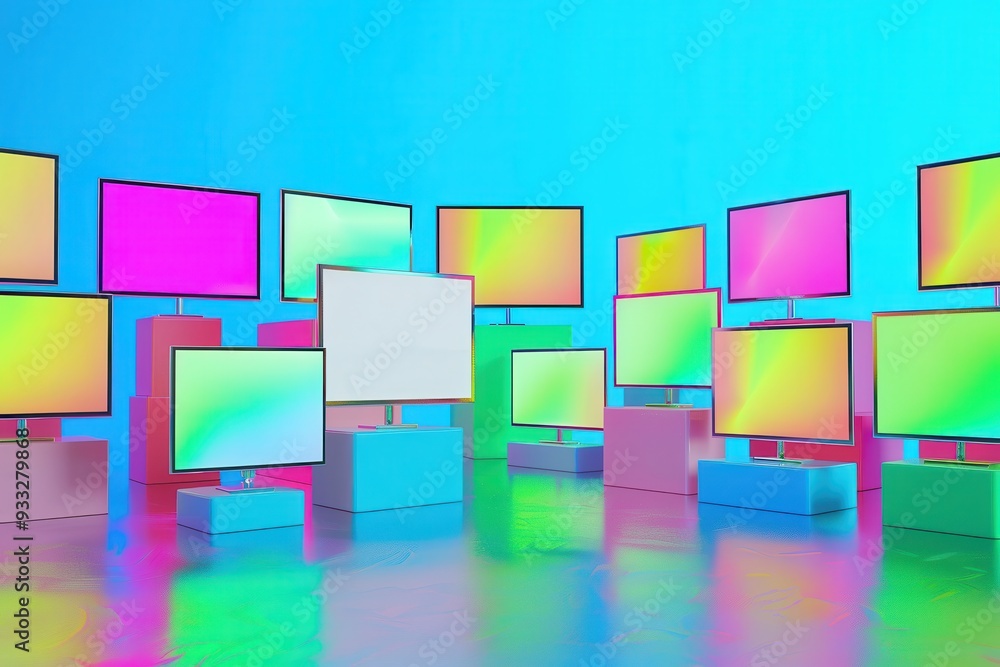 A large room with many televisions and a white screen A large room with many televisions and a white screen