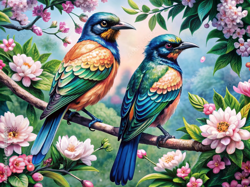 Fototapeta premium Vibrant watercolor illustration of two majestic birds perched on a blooming branch, surrounded by delicate flowers and lush greenery, exuding serenity and elegance.