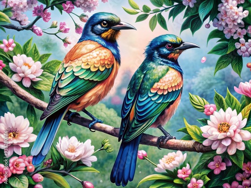 Vibrant watercolor illustration of two majestic birds perched on a blooming branch, surrounded by delicate flowers and lush greenery, exuding serenity and elegance.