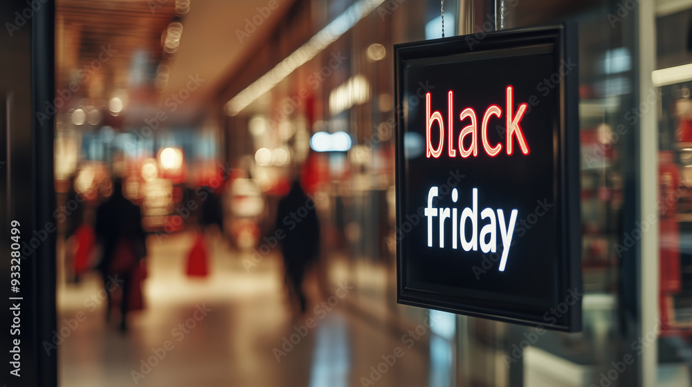 A close-up shot of a Black Friday neon sign, glowing in red and white against a black background, set inside a bustling shopping mall. A close-up shot of a Black Friday neon sign, glowing in red and white against a black background, set inside a bustling shopping mall.