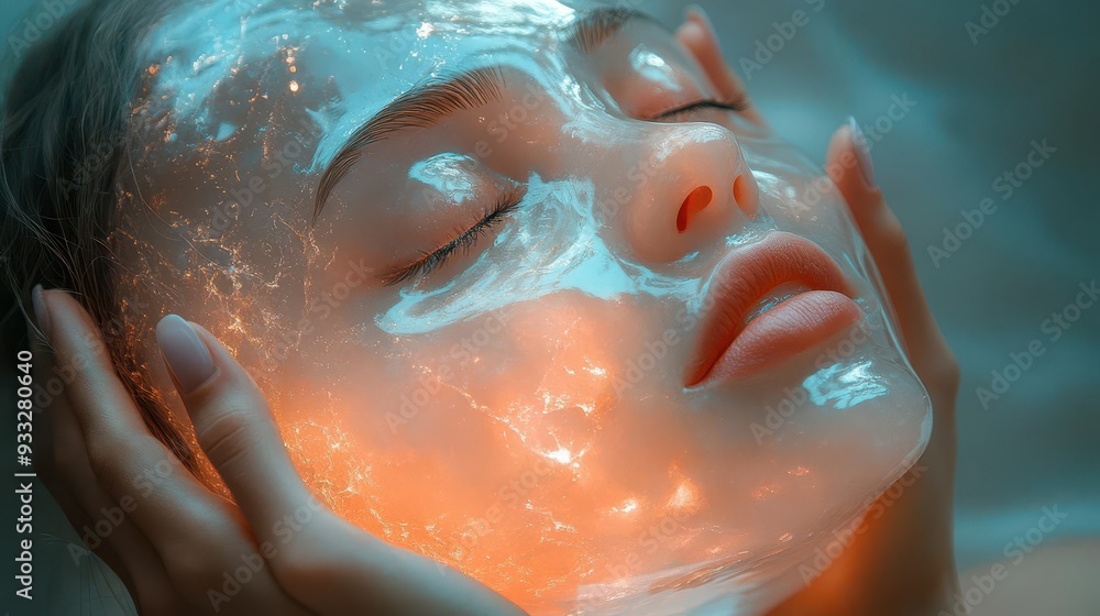 Fototapeta premium conceptual image of hands holding a translucent head with a smiley face surreal style mental health theme soft pastel colors ethereal glow positive energy