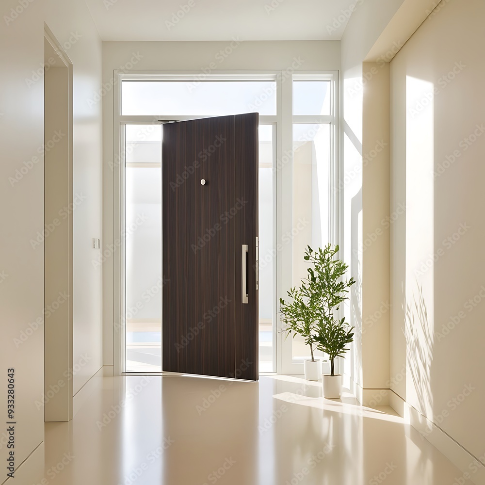Modern Home Entrance with Wood Door perspective view mockup. Office or modern hotel hallway Modern Home Entrance with Wood Door perspective view mockup. Office or modern hotel hallway