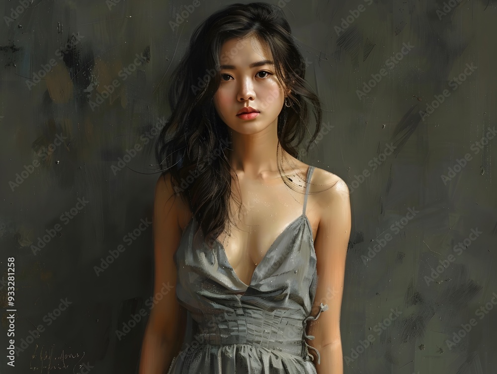 Asian woman wearing a gray sleeveless summer dress Asian woman wearing a gray sleeveless summer dress