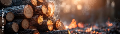 Warm Glowing Campfire with Stacked Firewood in a Forest Setting at Sunset