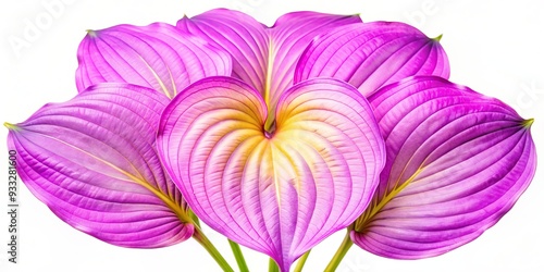 Delicate, heart-shaped leaves of hosta plant, also known as plantain lily, unfold from central stem, showcasing subtle variegation on isolated white background. photo