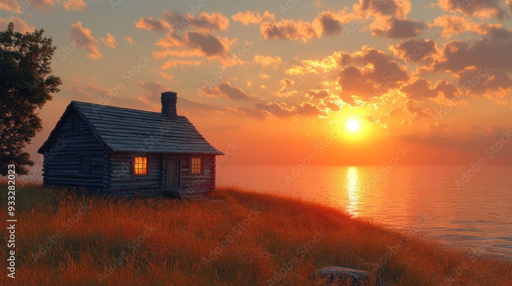 A serene sunset over a lake with a rustic cabin by the shore. A serene sunset over a lake with a rustic cabin by the shore.