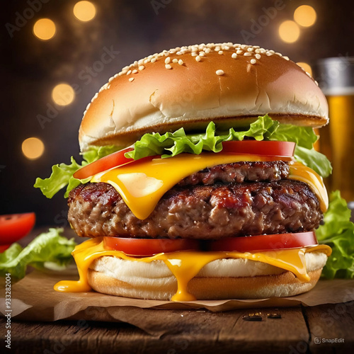 Fresh delicious burger with cheese, tomato, onion backgraund. Close-Up of of Fast Food