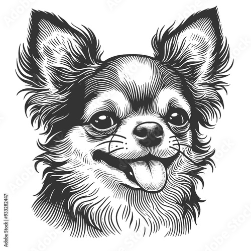 chihuahua dog with a calm, content expression, showcasing detailed line work and a serene demeanor sketch engraving generative ai vector illustration. Scratch board imitation. Black and white image.