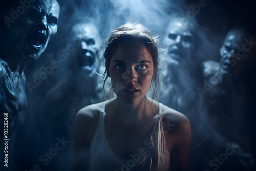 Intense, frightened look of a woman in a dream surrounded by monsters, ghosts of otherworldly forces, demons, ghosts, poltergeists.