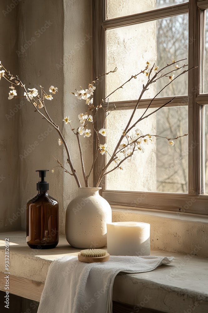 Cozy Rustic Bathroom with Natural Light and Minimalist Decor Featuring Blossoming Branches and Spa Essentials Cozy Rustic Bathroom with Natural Light and Minimalist Decor Featuring Blossoming Branches and Spa Essentials