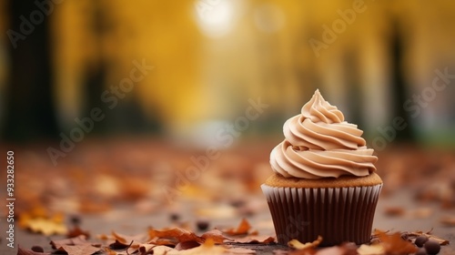 Fototapeta Naklejka Na Ścianę i Meble -  Autumn themed cupcake with fall foliage on wooden table against blurry autumn background