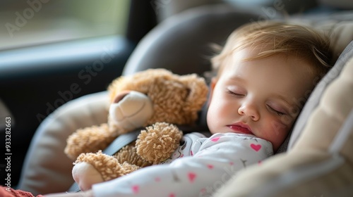 A little child sleeping soundly in a car seat, with a bear toy on the passenger side, surrounded by safety features, highlighting a comfortable and secure moment.