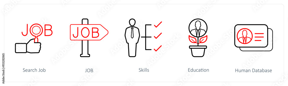 A set of 5 human resource icons such as search job, jon, skills A set of 5 human resource icons such as search job, jon, skills