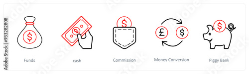 A set of 5 human resource icons such as funds, cash, commission