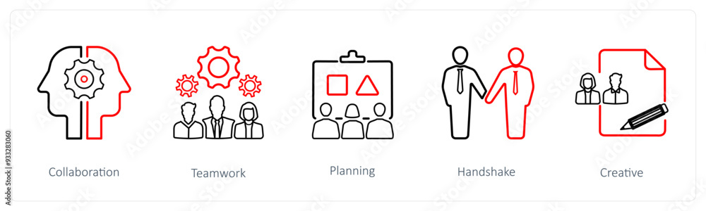 A set of 5 business icons such as collaboration, teamwork A set of 5 business icons such as collaboration, teamwork