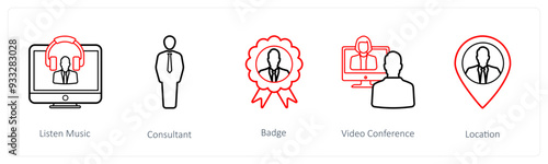 A set of 5 human resource icons such as listen music, consultant