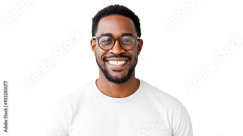 Portrait of joyful happy african american young man in eyeglasses standing isolate on transparency background PNG. 