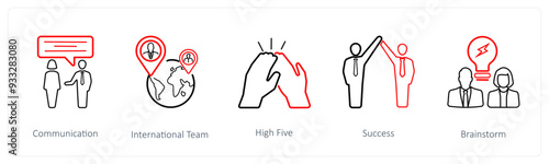 A set of 5 business icons such as communication, international team