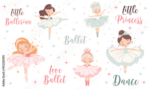Vector collection of cute dancers. Beautiful ballerina princesses dancing on white background, lettering. Vector illustration