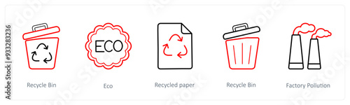 A set of 5 weather icons such as recycle bin, eco