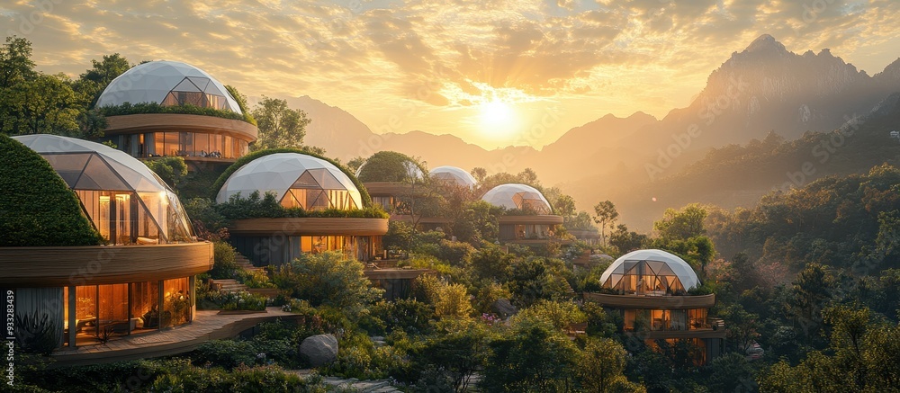 Modern Eco-Friendly Dome Houses in a Scenic Mountain Landscape at Sunset Modern Eco-Friendly Dome Houses in a Scenic Mountain Landscape at Sunset