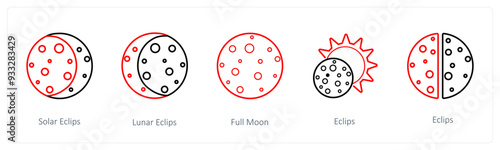 A set of 5 weather icons such as solar eclipse, lunar eclipse