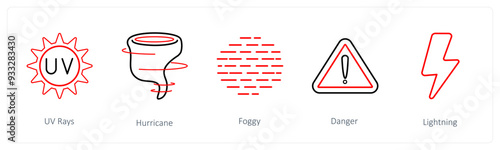 A set of 5 weather icons such as uv rays, hurricane, foggy
