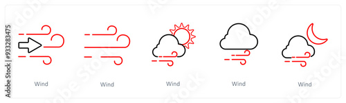 A set of 5 weather icons such as wind, air, windy day