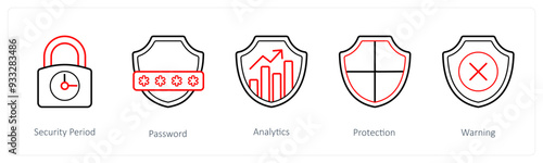 A set of 5 security icons such as security period, password