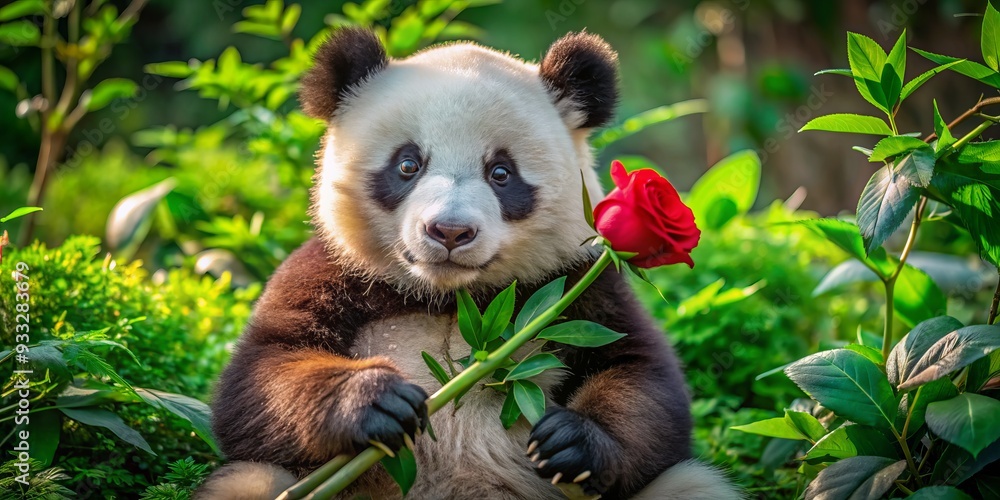 Fototapeta premium Adorable panda bear surrounded by lush greenery holds a bright red rose in its paws, symbolizing love and affection for Valentine's Day celebration.