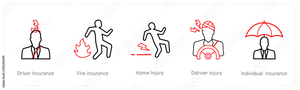 A set of 5 insurance icons such as driver insurance, fire insurance A set of 5 insurance icons such as driver insurance, fire insurance