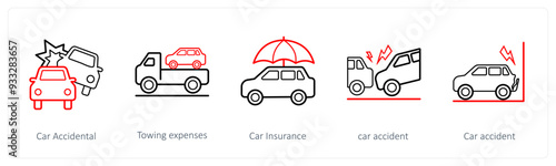 A set of 5 insurance icons such as car accidental, towing expenses